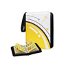 A small card album or sticker binder shown closed and open on a plain white background. The closed view shows a white and yellow cover with black trim and a wrist strap; the open view shows several small illustrated cards stored inside.