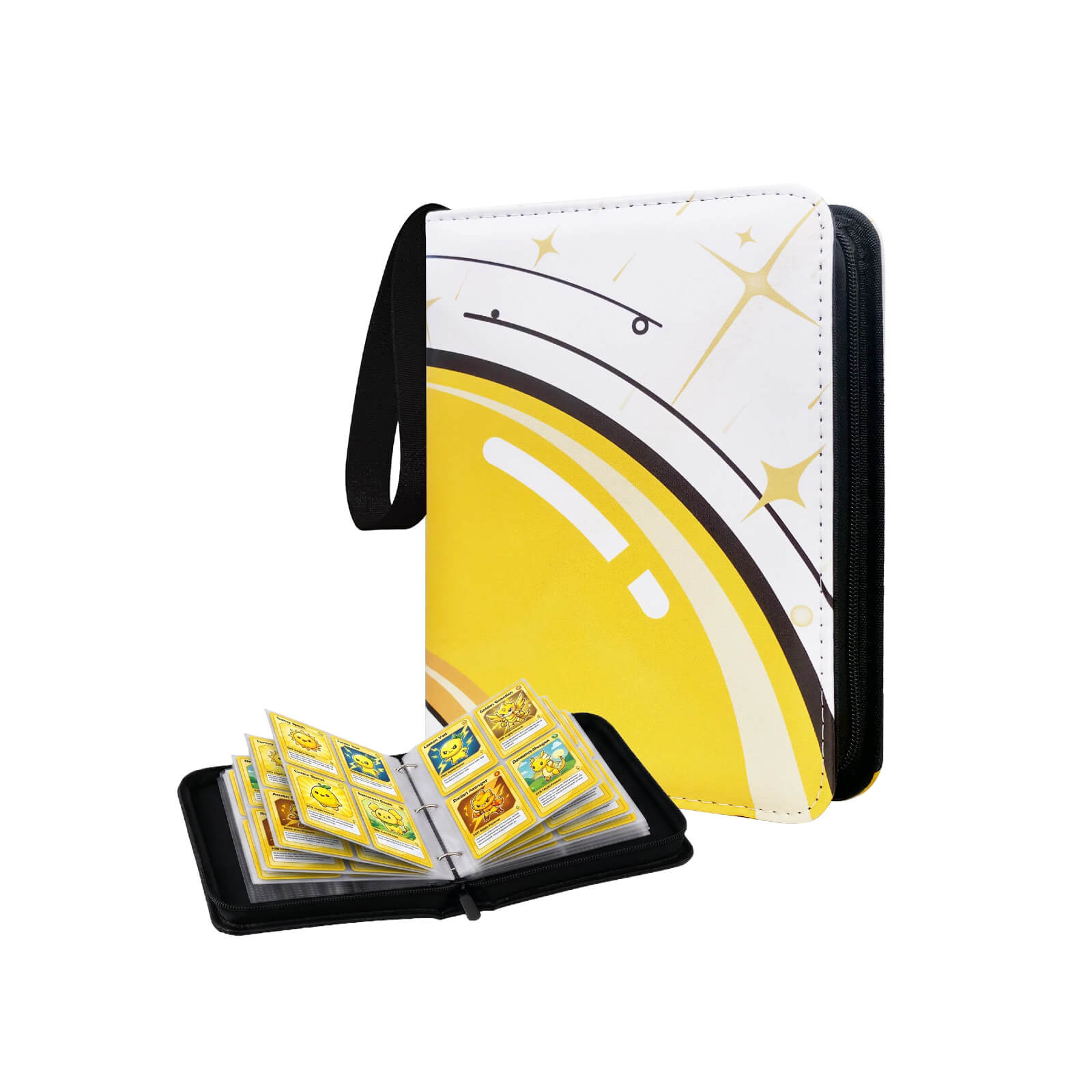 A small card album or sticker binder shown closed and open on a plain white background. The closed view shows a white and yellow cover with black trim and a wrist strap; the open view shows several small illustrated cards stored inside.
