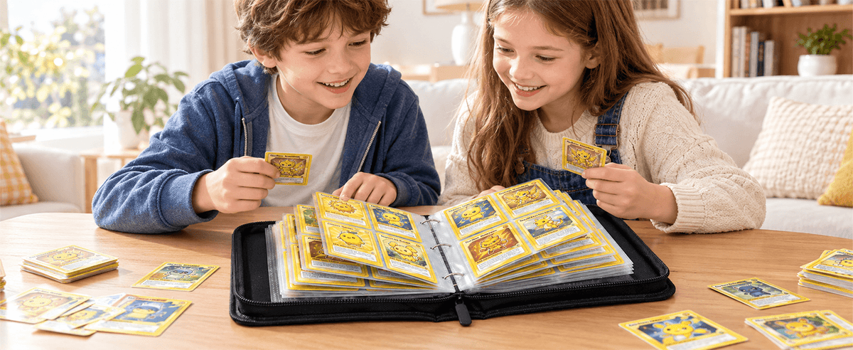 Two children sitting at a wooden table in a bright living room, looking at and holding cards from an open TCG card binder filled with yellow-bordered cards. Scattered cards are visible on the table around them.