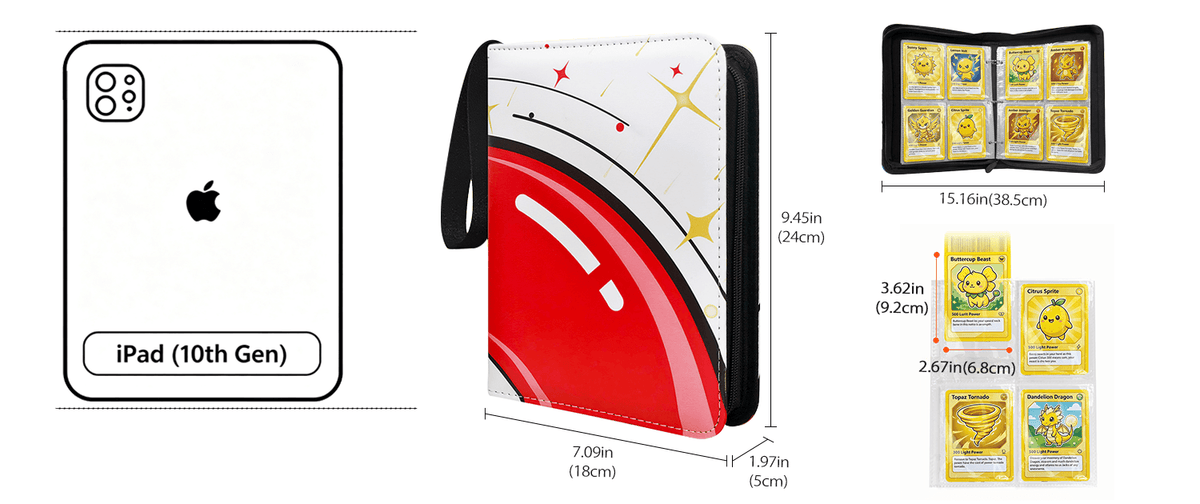 An iPad (10th Gen) protective case set shown with dimension labels and inset views. The main product is a card binder with a large red curved graphic and small gold star accents, plus a black side strap.