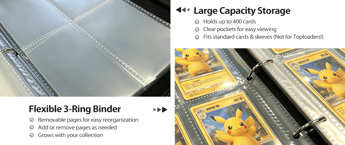 A 3-ring TCG card binder shown open, with text callouts describing its features: large capacity storage for up to 400 cards, clear pockets, and a flexible 3-ring binder with removable pages. The binder contains sample Pokémon trading card sleeves.