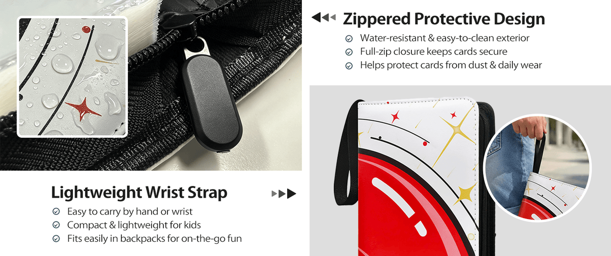 A TCG card binder with a white, red, and gold graphic design, shown with a black zipper and a black wrist strap. The image includes text callouts describing the 'Zippered Protective Design' and 'Lightweight Wrist Strap' with feature bullet points, and small inset images demonstrating water resistance and a lifestyle use case.