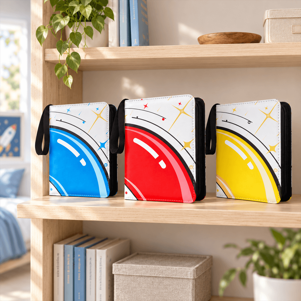 Three TCG card binder with black handles are displayed on a wooden shelf in a styled room setting. The card binder feature a white background with a retro curved graphic: one is blue, one is red, and one is yellow, with black and gold starburst accents.