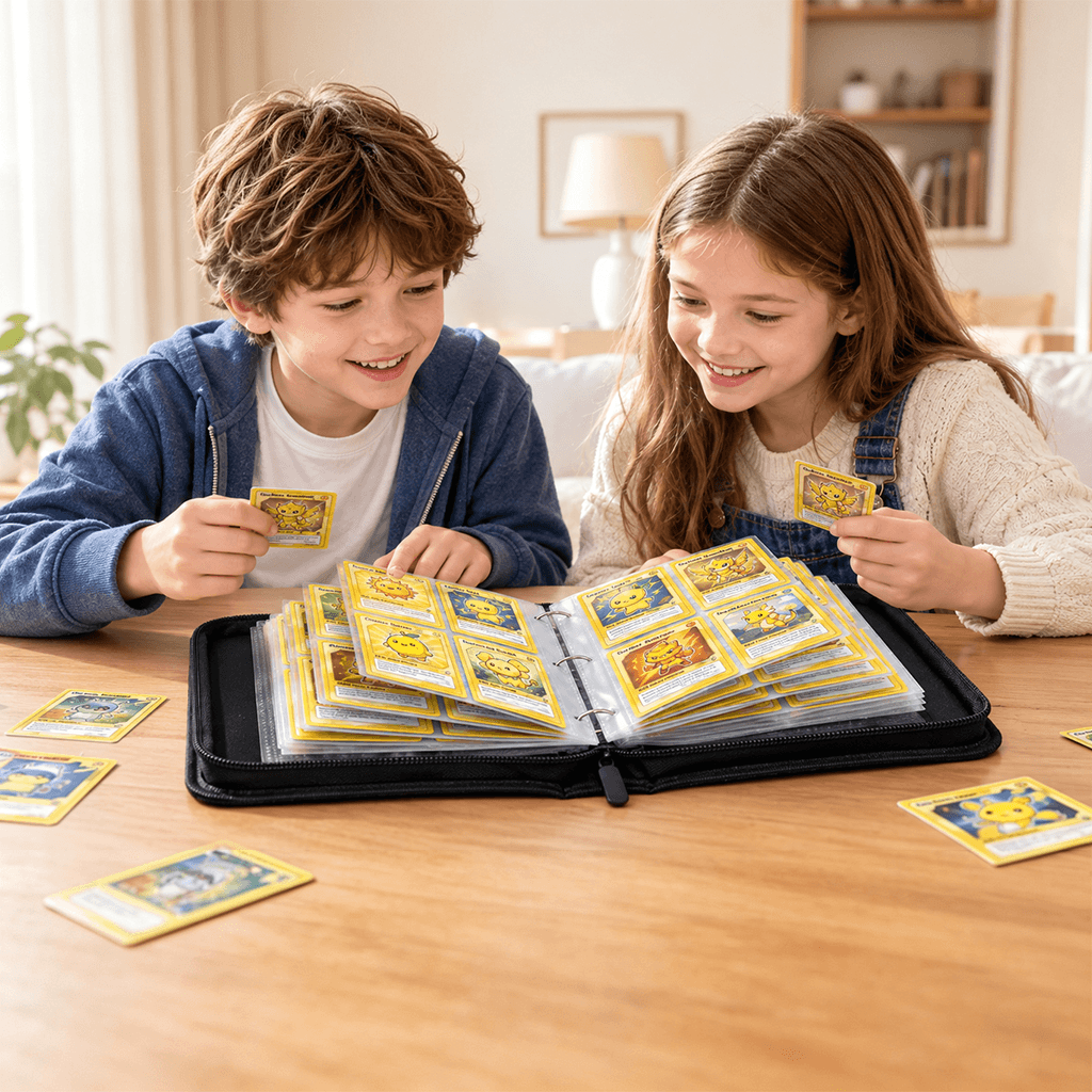 Two children sitting at a wooden table looking at and holding yellow-bordered cards displayed in an open TCG card inder filled with similar cards, in a bright living room setting.