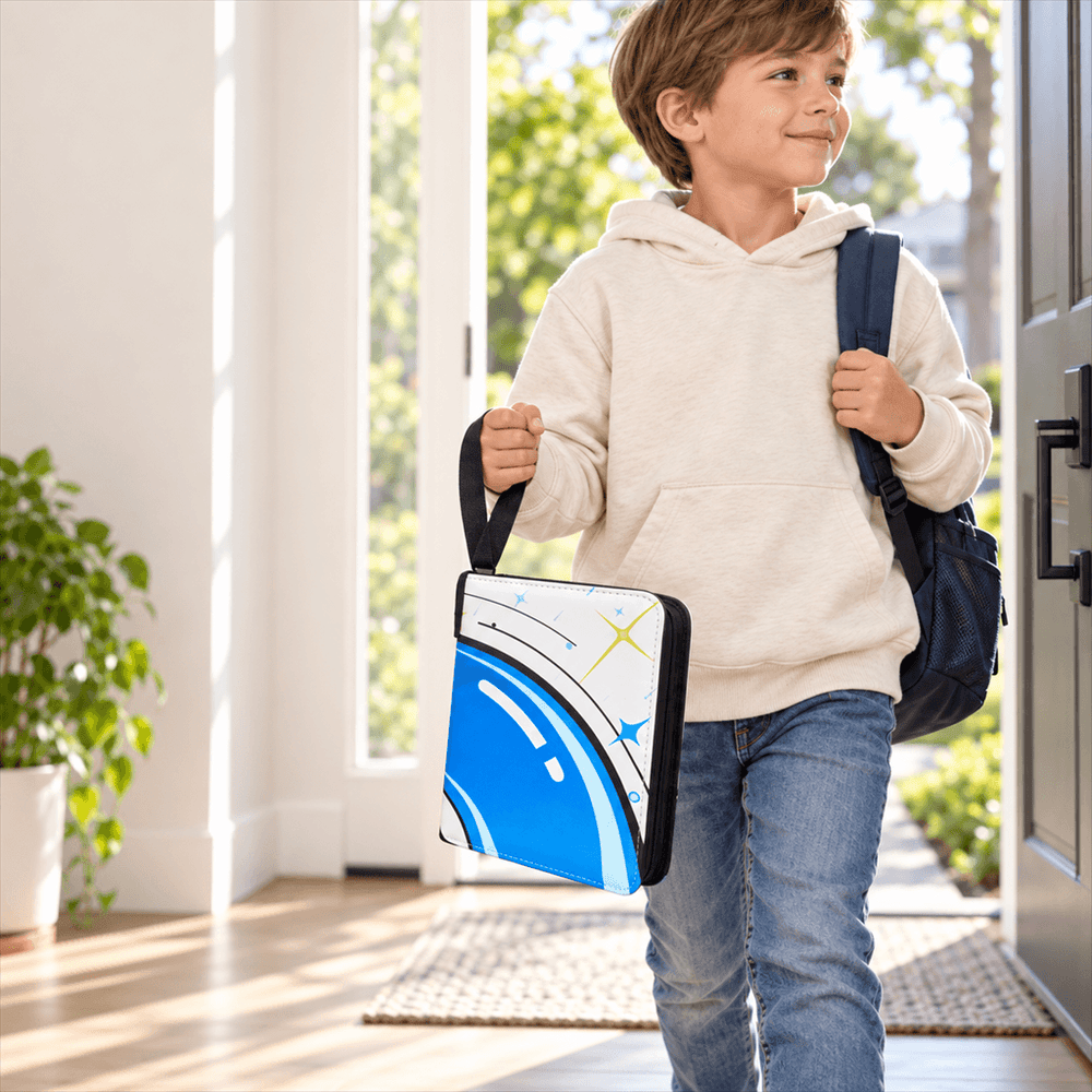 A young boy in a cream hoodie and blue jeans walks through a doorway carrying a navy backpack and holding a TCG card binder with a blue and white graphic design.