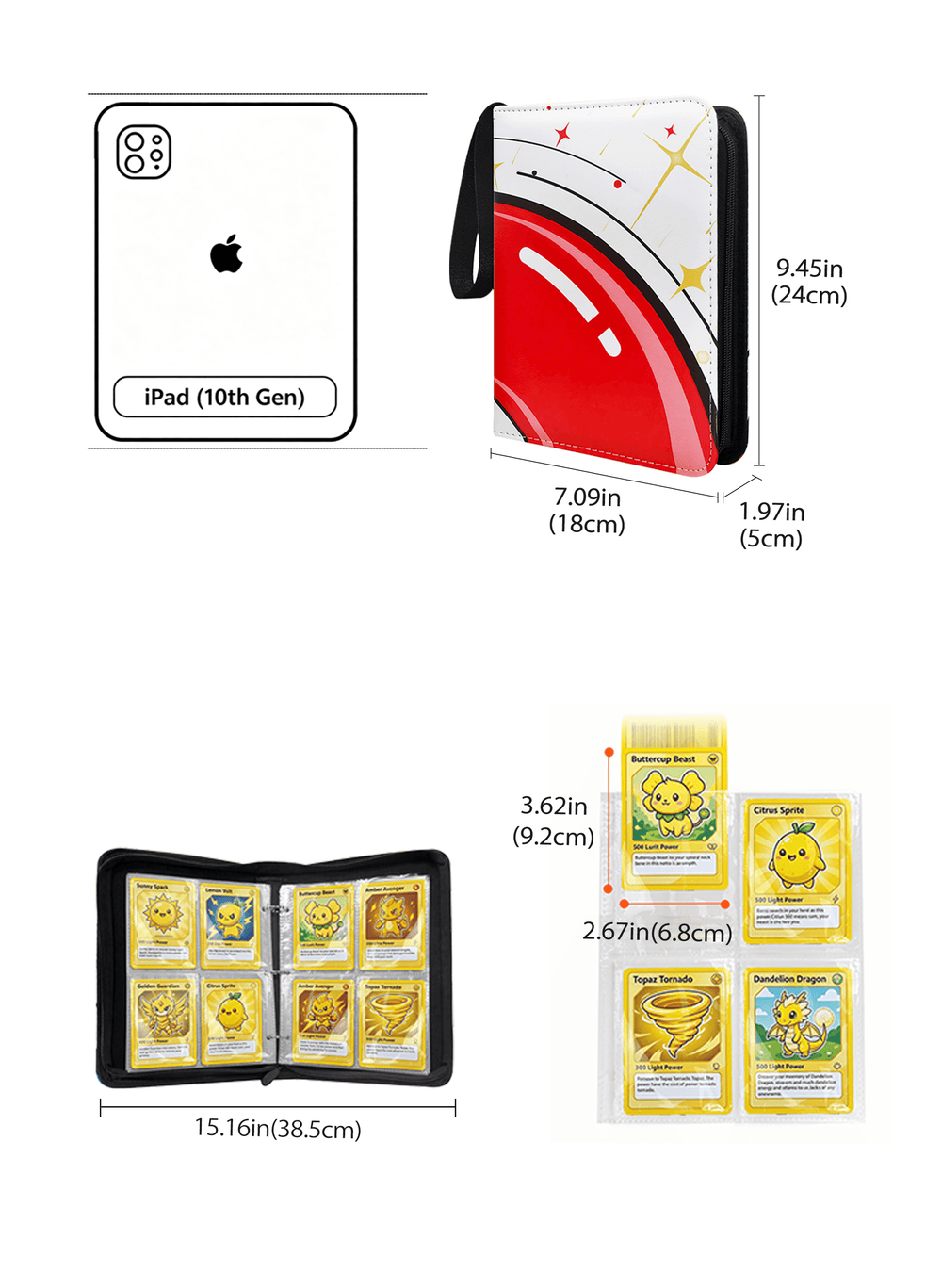A composite product listing graphic showing an iPad case and a set of Pokémon TCG card binder. The top-left panel shows the back of an iPad (10th Gen) with a card binder cutout.