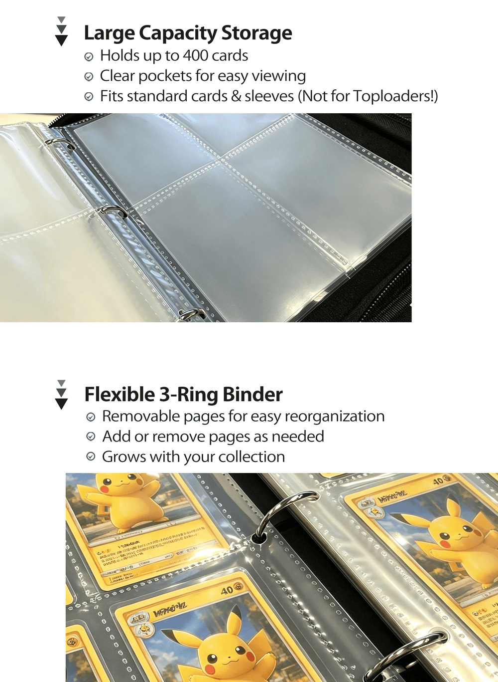 A product feature collage showing a clear plastic card binder with silver rings and transparent card sleeves. The top section highlights 'Large Capacity Storage' with text noting it holds up to 400 cards, and the bottom section highlights 'Flexible 3-Ring Binder' with text noting removable pages and growth with the collection.