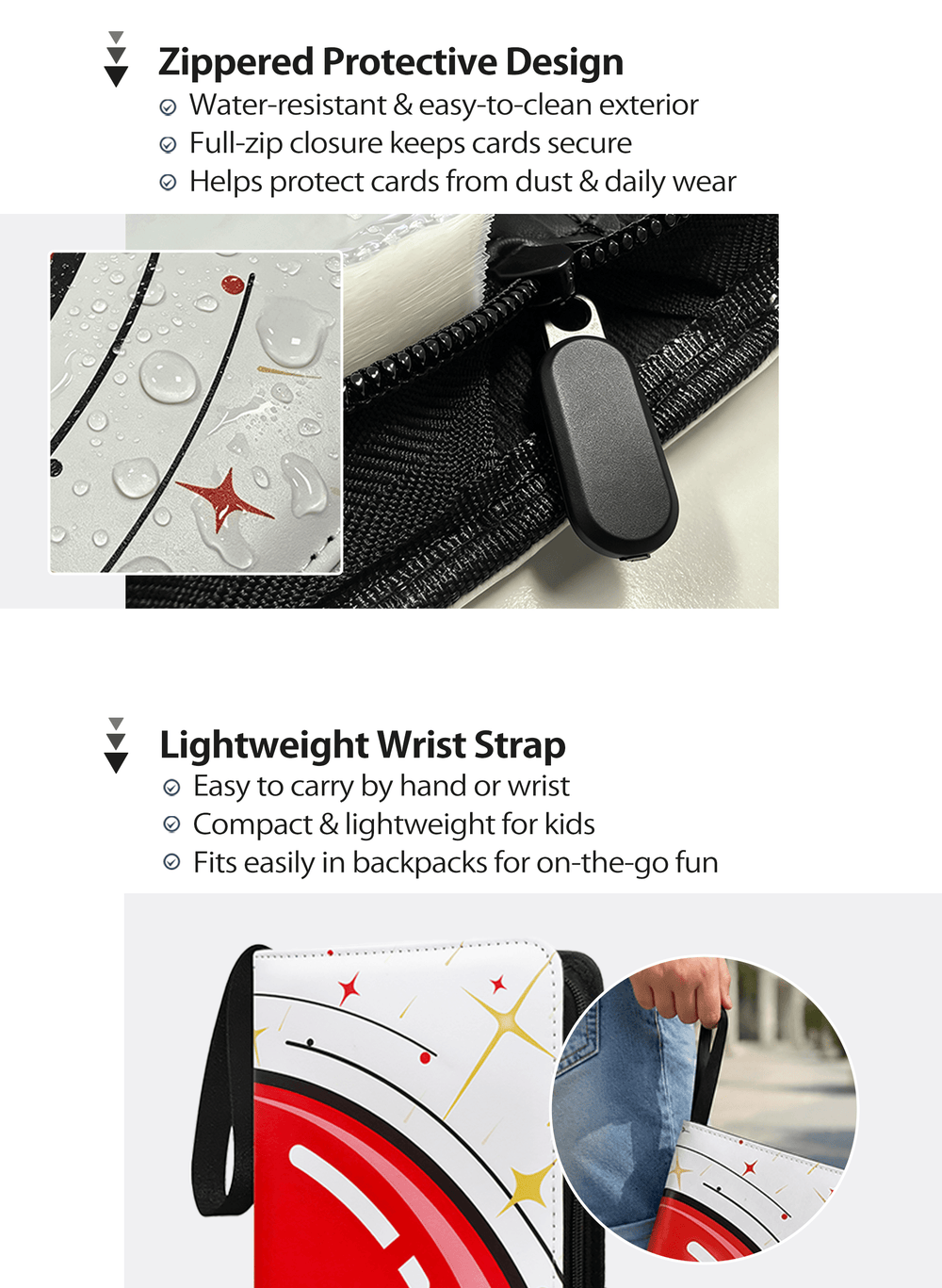 Product feature infographic for a white and red TCG card binder, showing close-ups of a black zipper with a clear cover, water droplets on a waterproof exterior, and a person wearing the lightweight wrist strap.