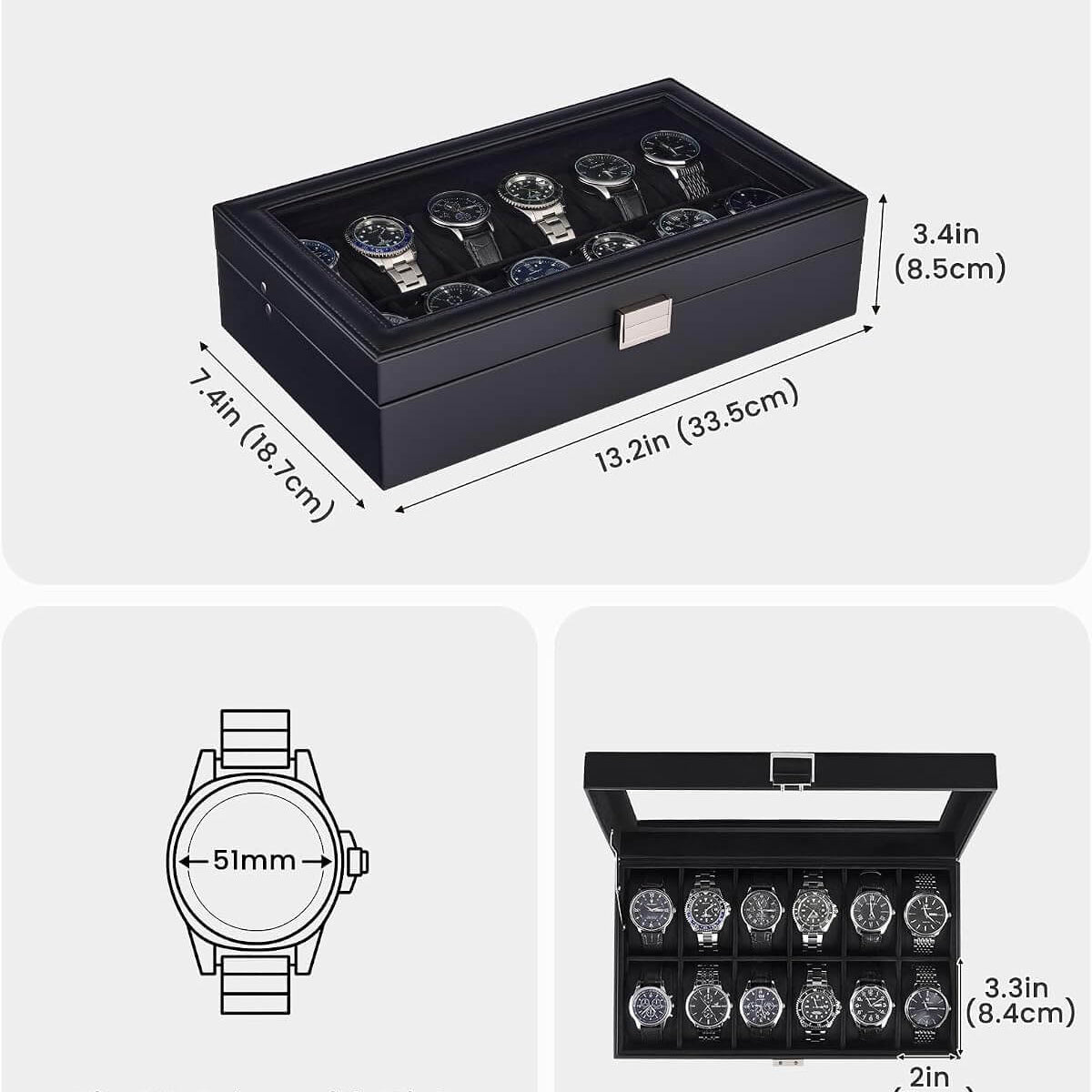 ProCase watch box dimensions 13.2 x 7.4 x 3.4 inches, fits watches with dial sizes up to 51mm
