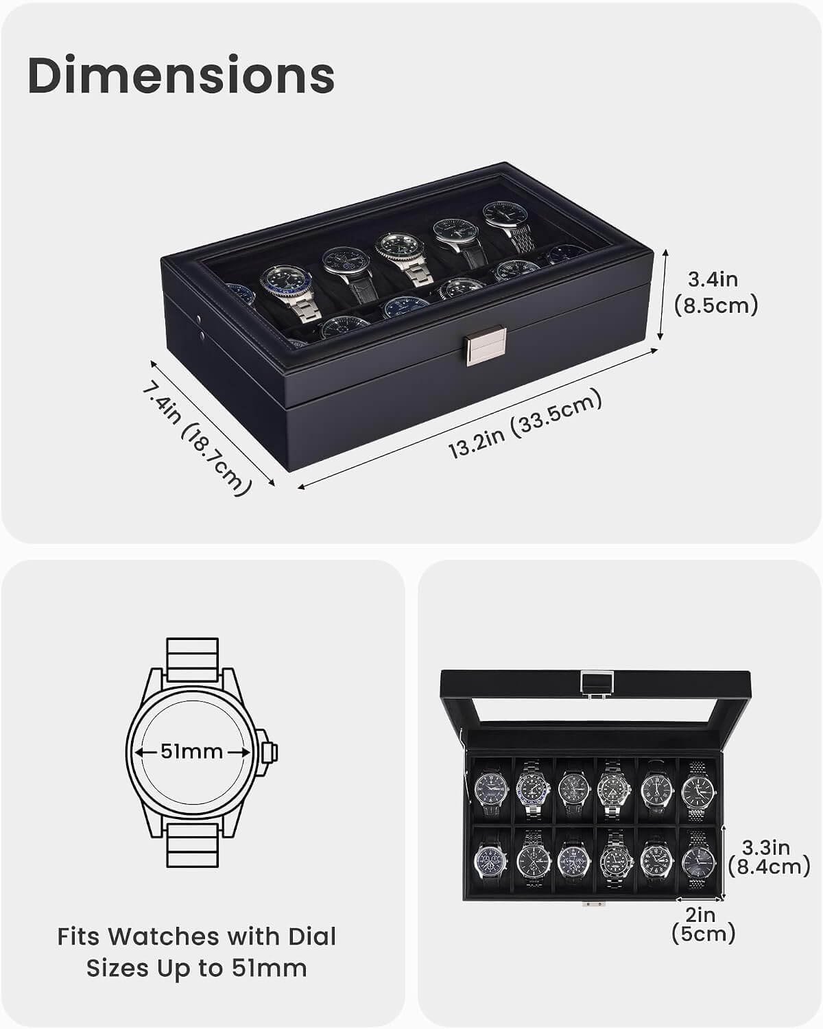 ProCase watch box dimensions 13.2 x 7.4 x 3.4 inches, fits watches with dial sizes up to 51mm