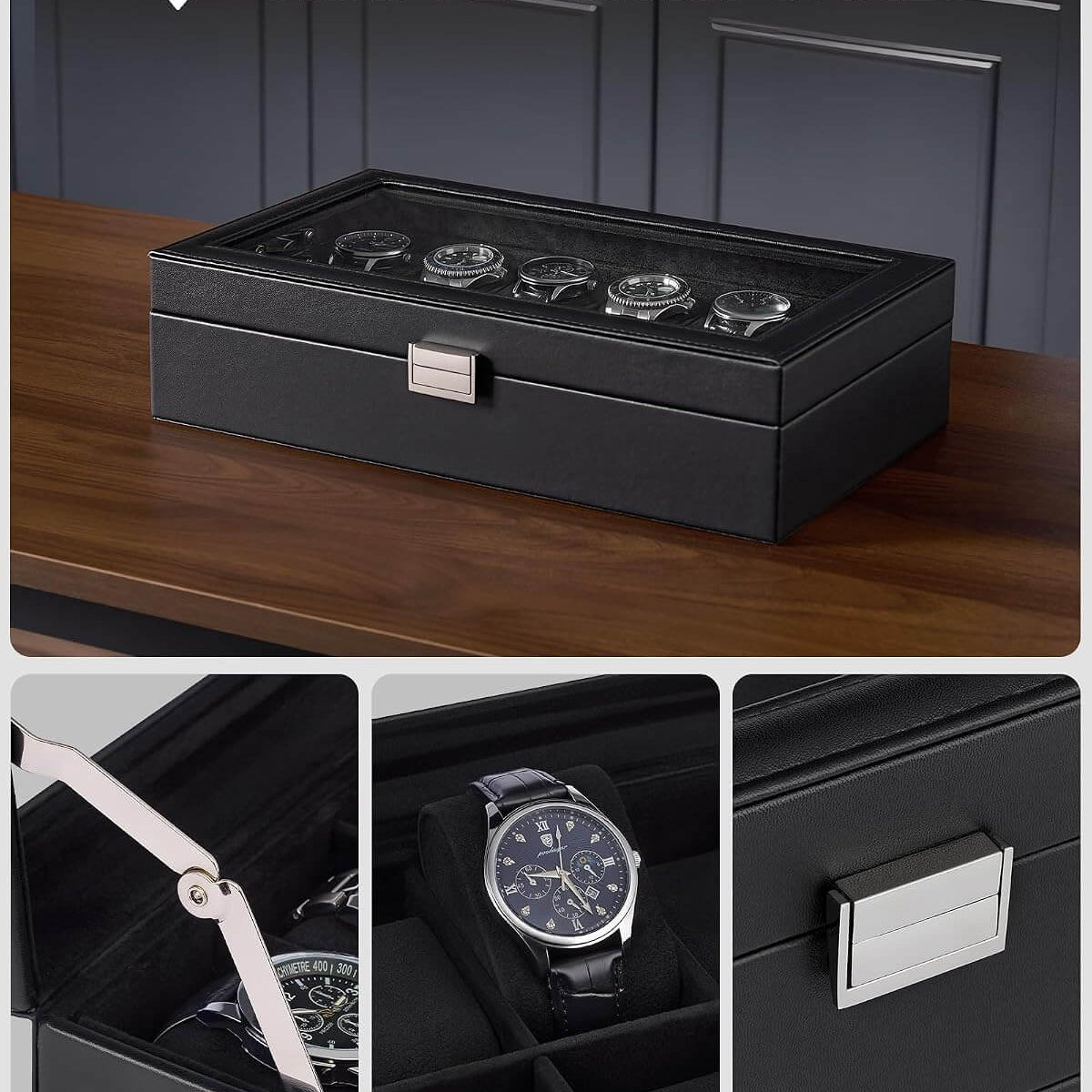 ProCase black watch box with soft velvet interior, sturdy metal hinge, and elegant metal buckle