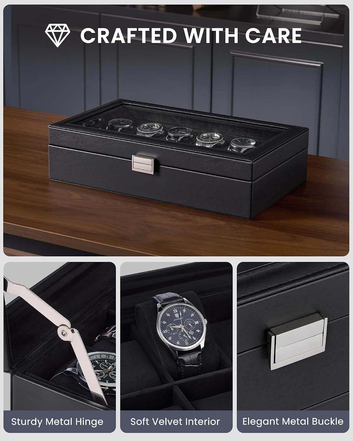 ProCase black watch box with soft velvet interior, sturdy metal hinge, and elegant metal buckle