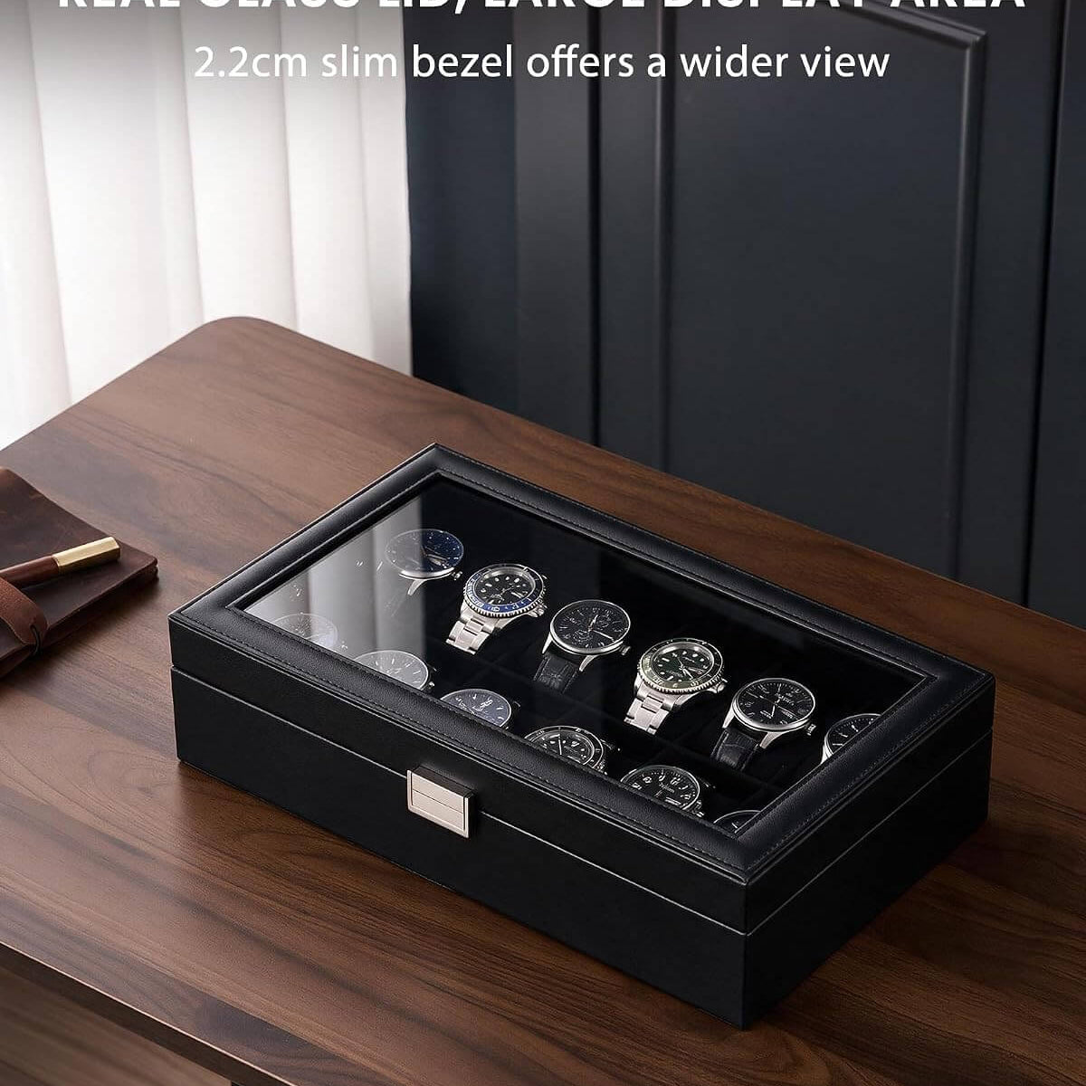 ProCase black watch box with real glass lid, large display area, and slim 2.2cm bezel