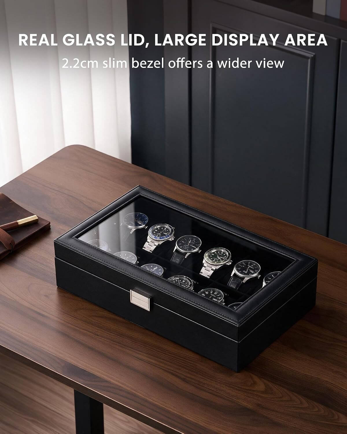 ProCase black watch box with real glass lid, large display area, and slim 2.2cm bezel