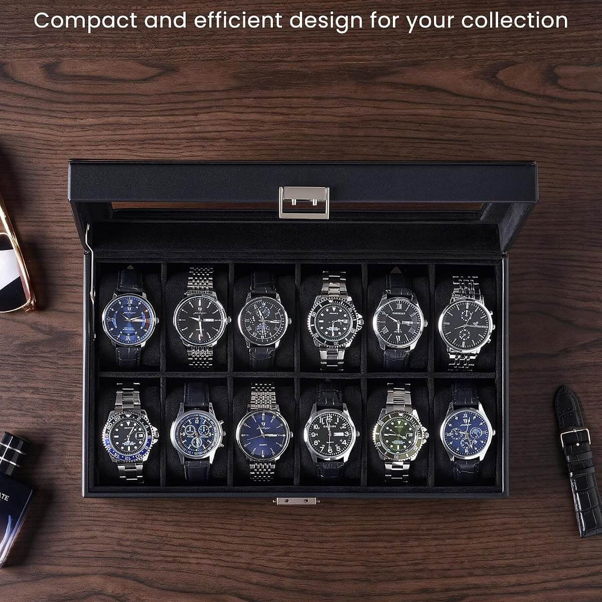 Black watch storage box with black velvet interior and 12-slot capacity