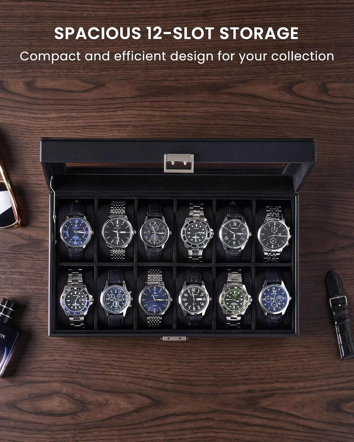 Black watch storage box with black velvet interior and 12-slot capacity