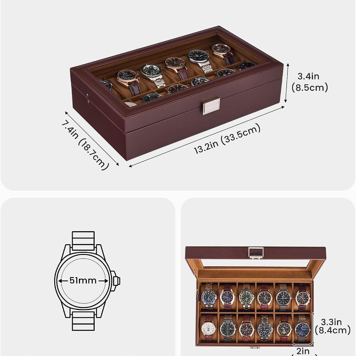 ProCase watch box dimensions 13.2 x 7.4 x 3.4 inches, fits watches with dial sizes up to 51mm