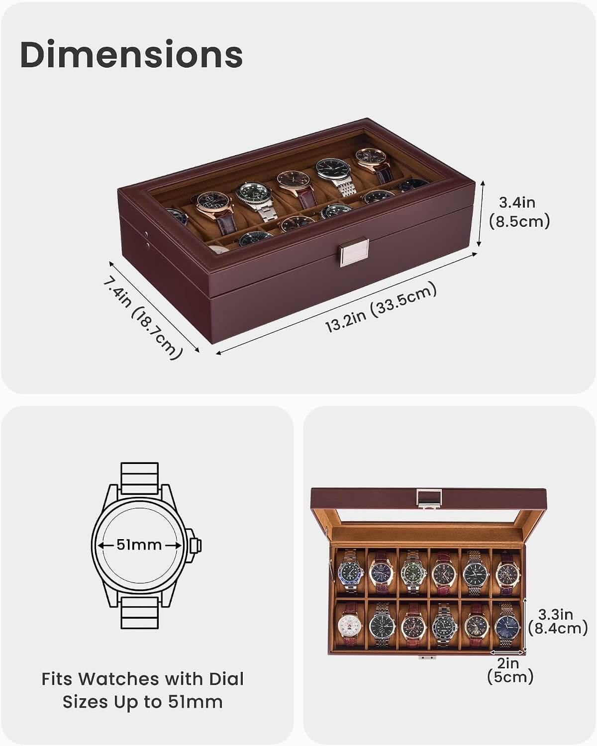 ProCase watch box dimensions 13.2 x 7.4 x 3.4 inches, fits watches with dial sizes up to 51mm