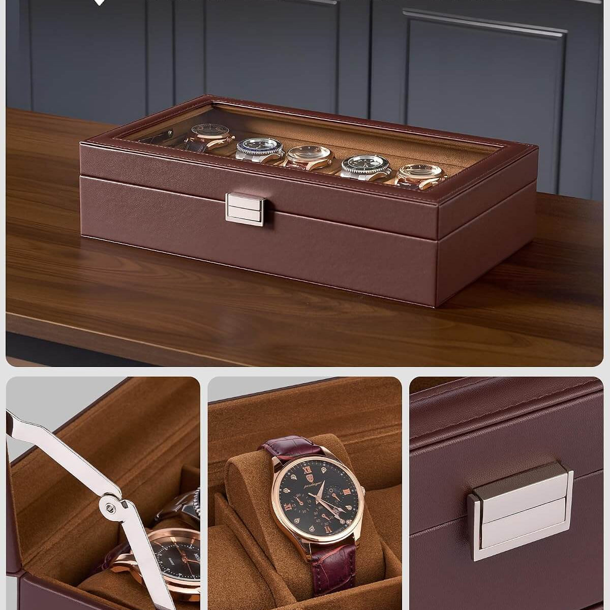 A brown leather watch display box with a clear top window showing several watches inside, plus three detail panels below highlighting the metal hinge, velvet interior, and metal buckle. Text at the top reads 'CRAFTED WITH CARE'.