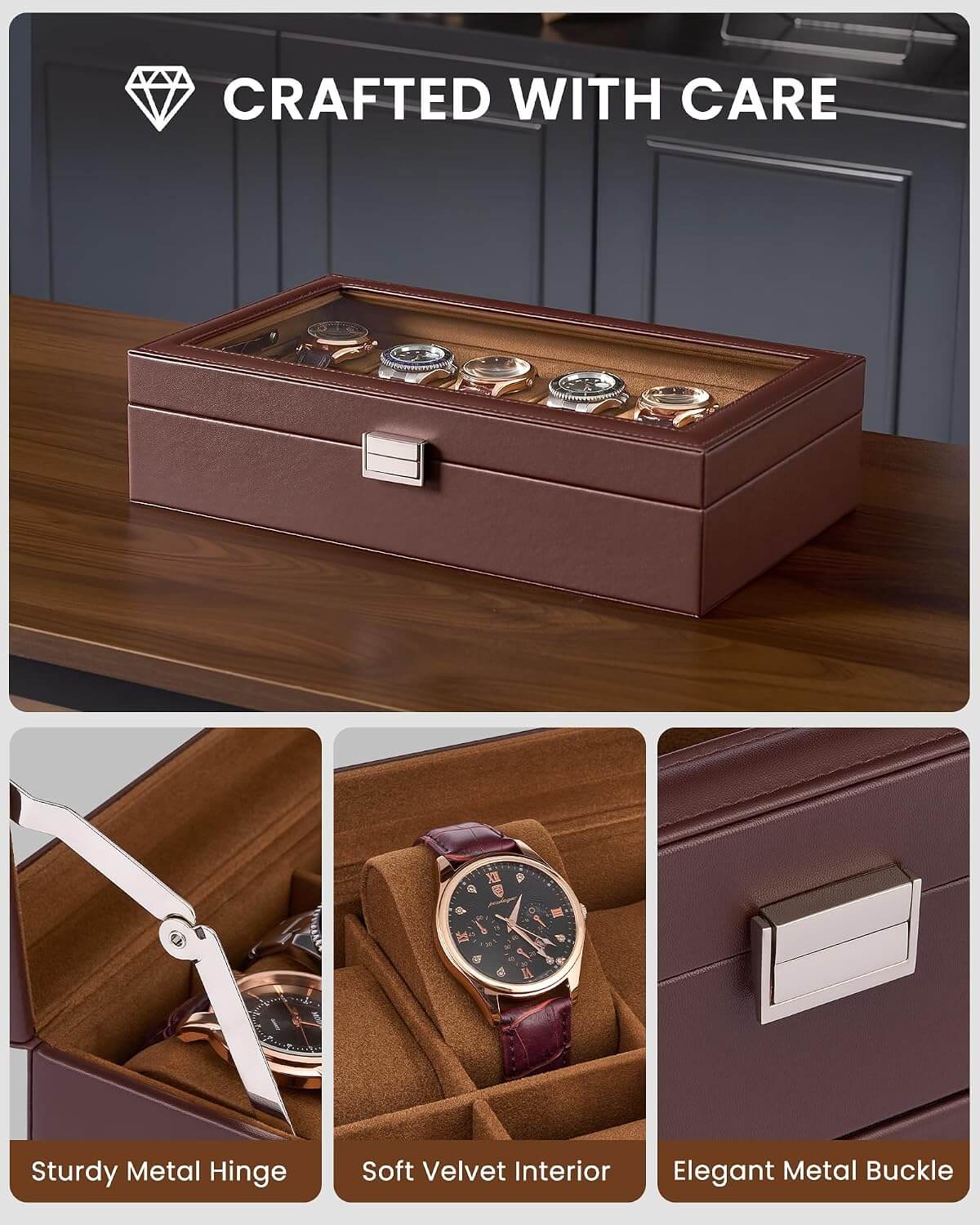 A brown leather watch display box with a clear top window showing several watches inside, plus three detail panels below highlighting the metal hinge, velvet interior, and metal buckle. Text at the top reads 'CRAFTED WITH CARE'.