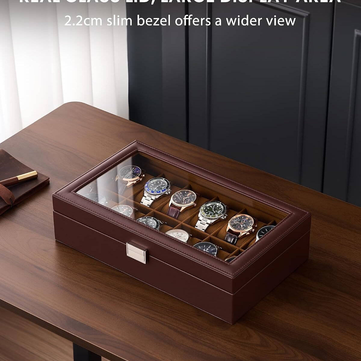 ProCase espresso watch box with real glass lid, large display area, and slim 2.2cm bezel