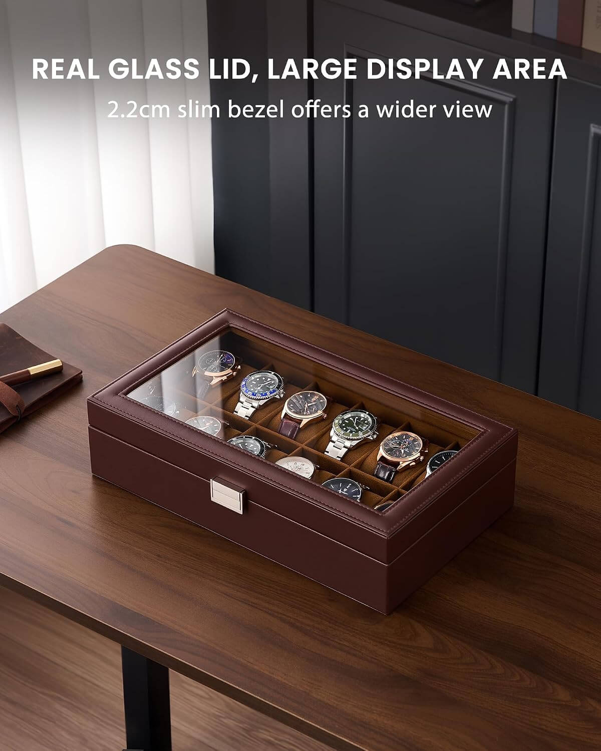 ProCase espresso watch box with real glass lid, large display area, and slim 2.2cm bezel