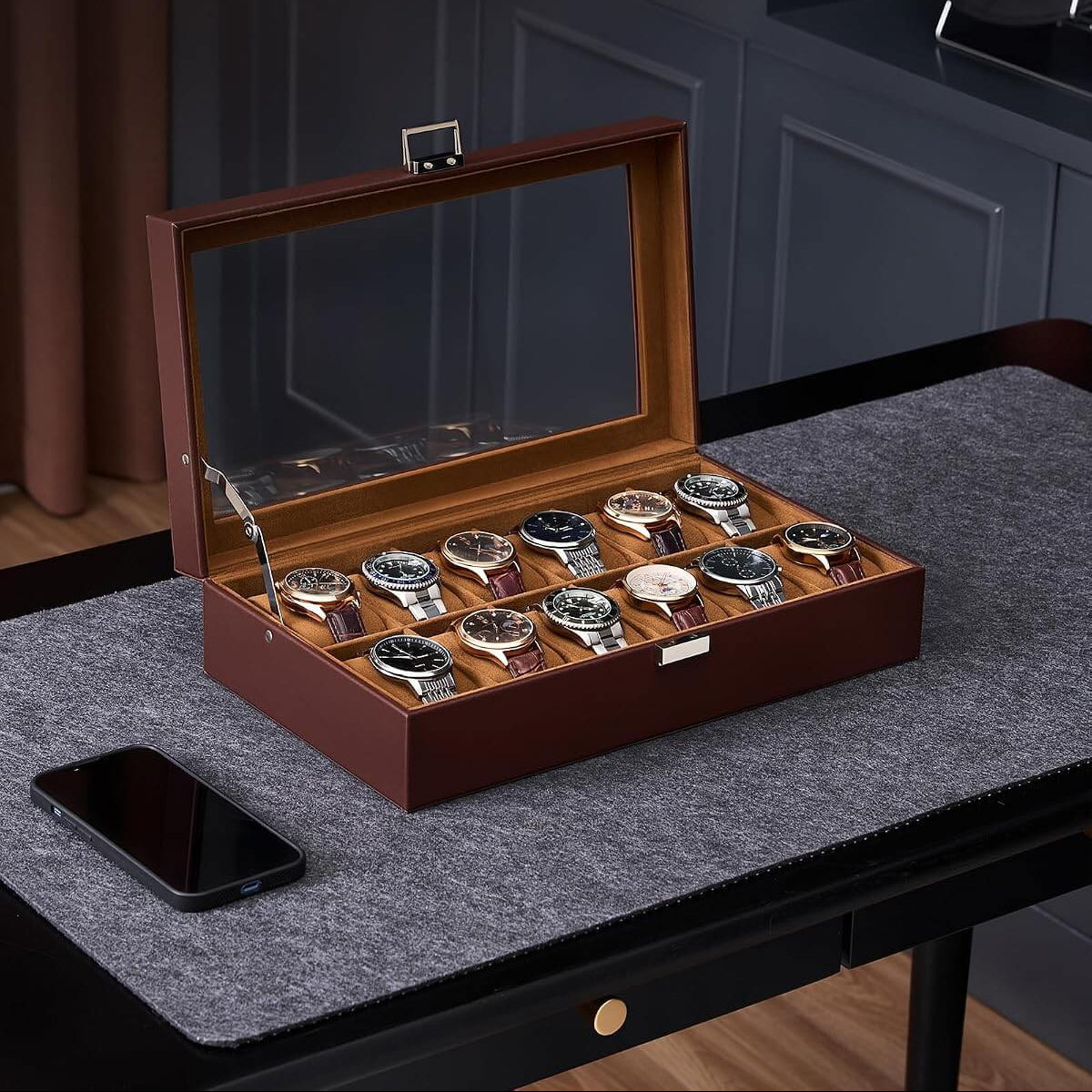 Espresso watch box with glass lid, 12-watch capacity, and elegant display design