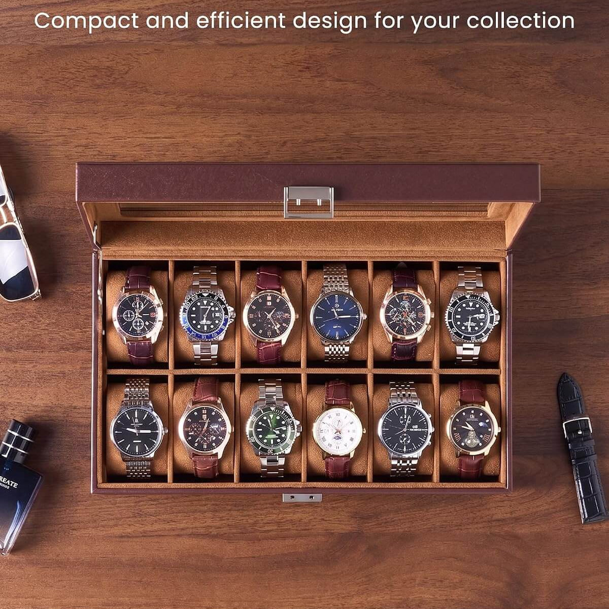 Espresso watch storage box with brown velvet interior and 12-slot capacity