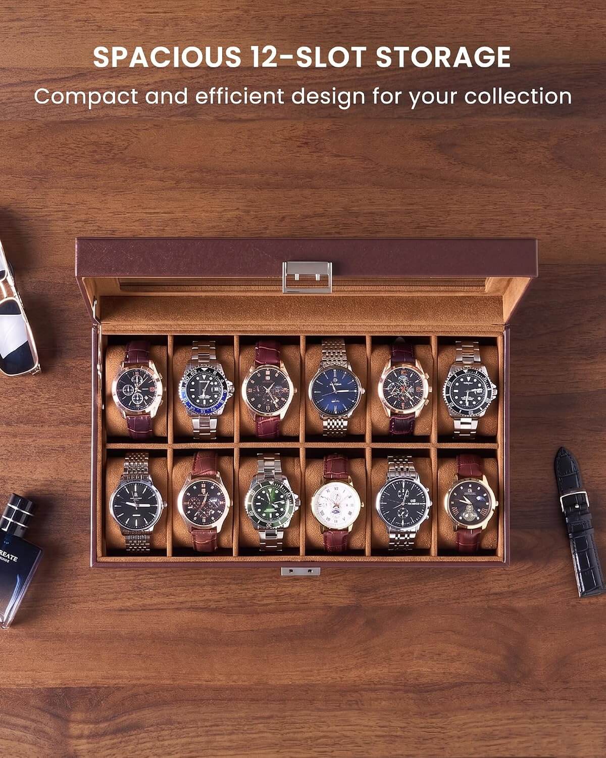Espresso watch storage box with brown velvet interior and 12-slot capacity