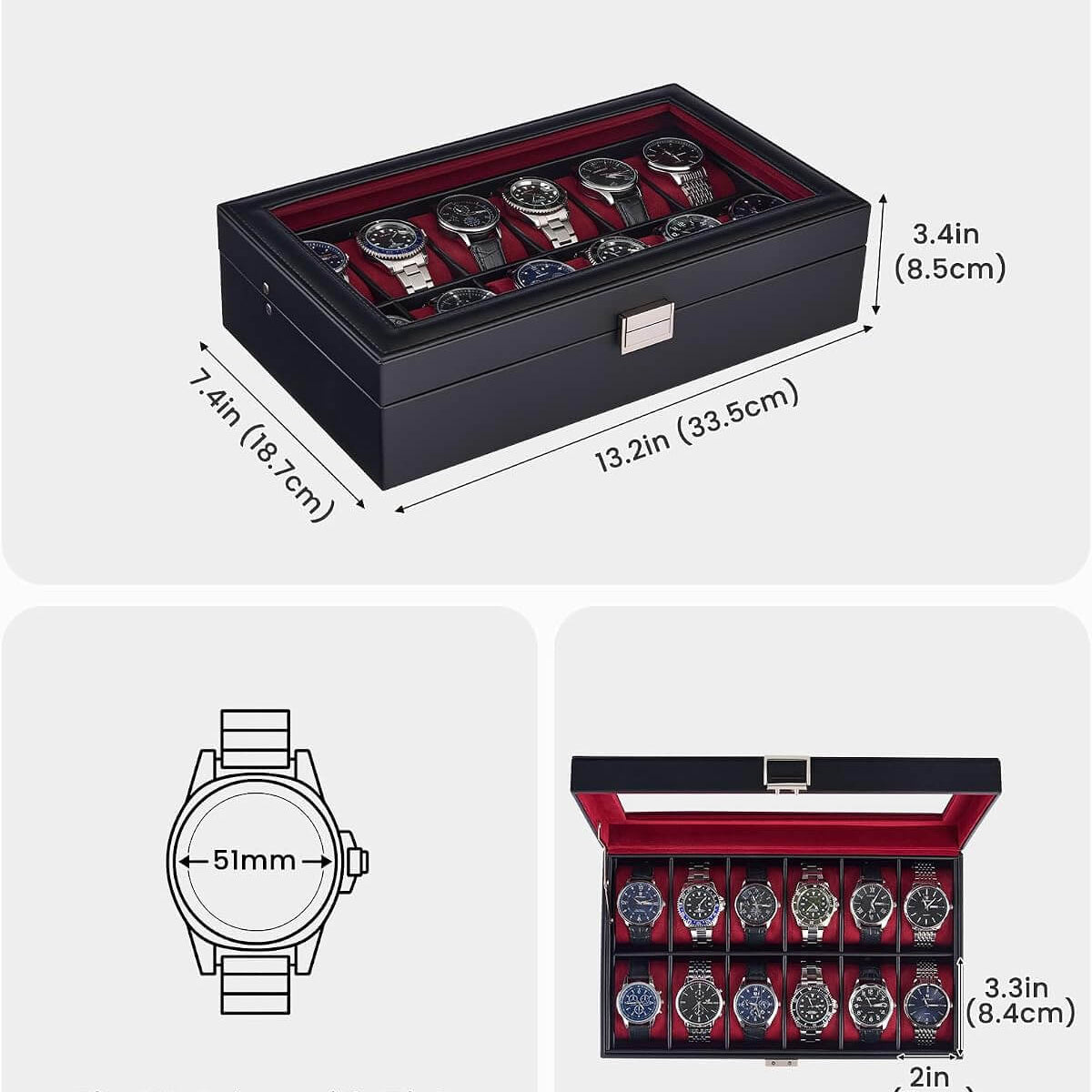 ProCase watch box dimensions 13.2 x 7.4 x 3.4 inches, fits watches with dial sizes up to 51mm