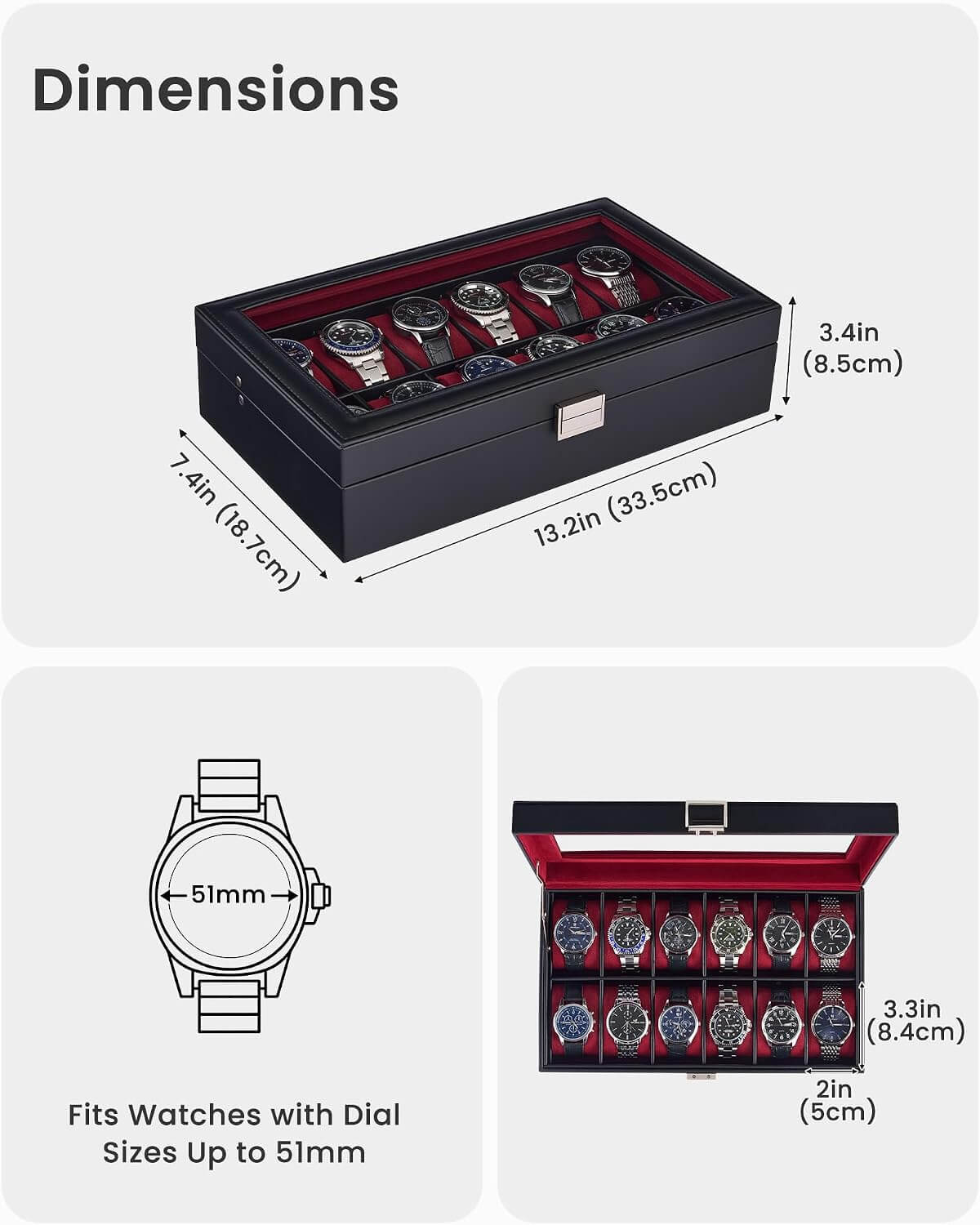 ProCase watch box dimensions 13.2 x 7.4 x 3.4 inches, fits watches with dial sizes up to 51mm