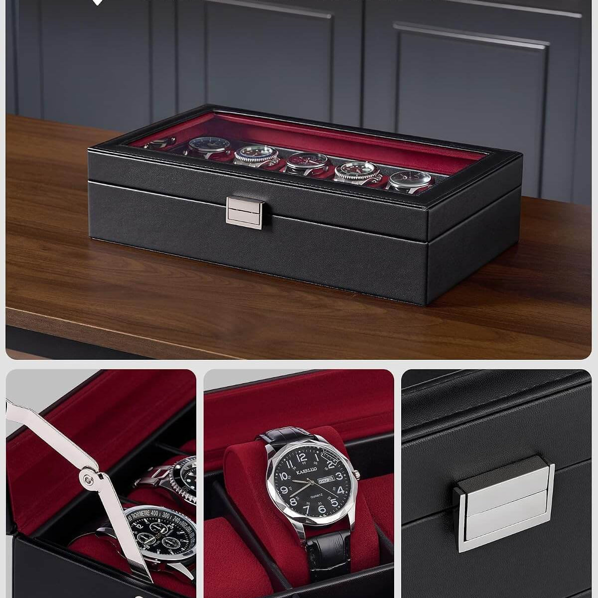 ProCase winered watch box with soft velvet interior, sturdy metal hinge, and elegant metal buckle