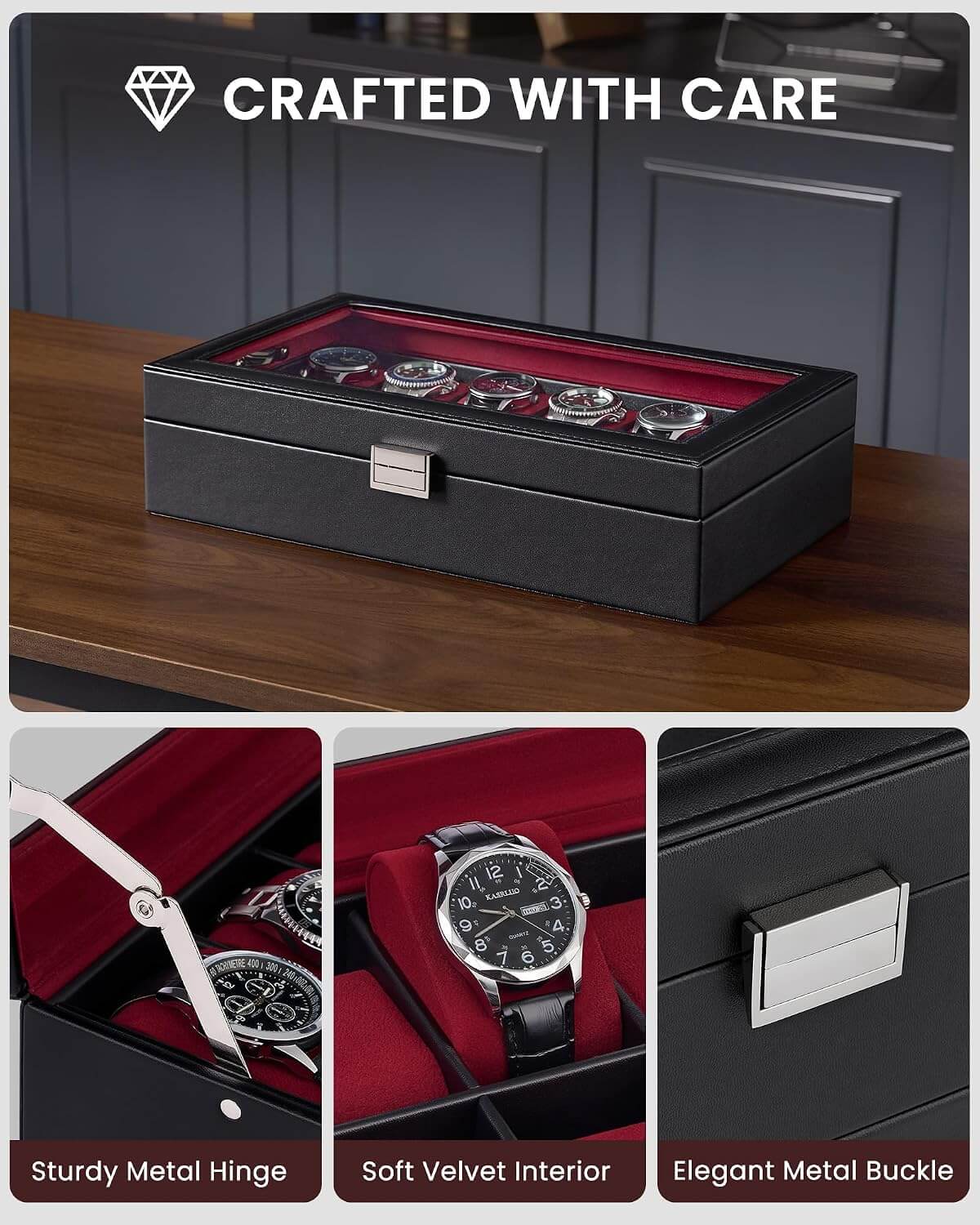 ProCase winered watch box with soft velvet interior, sturdy metal hinge, and elegant metal buckle