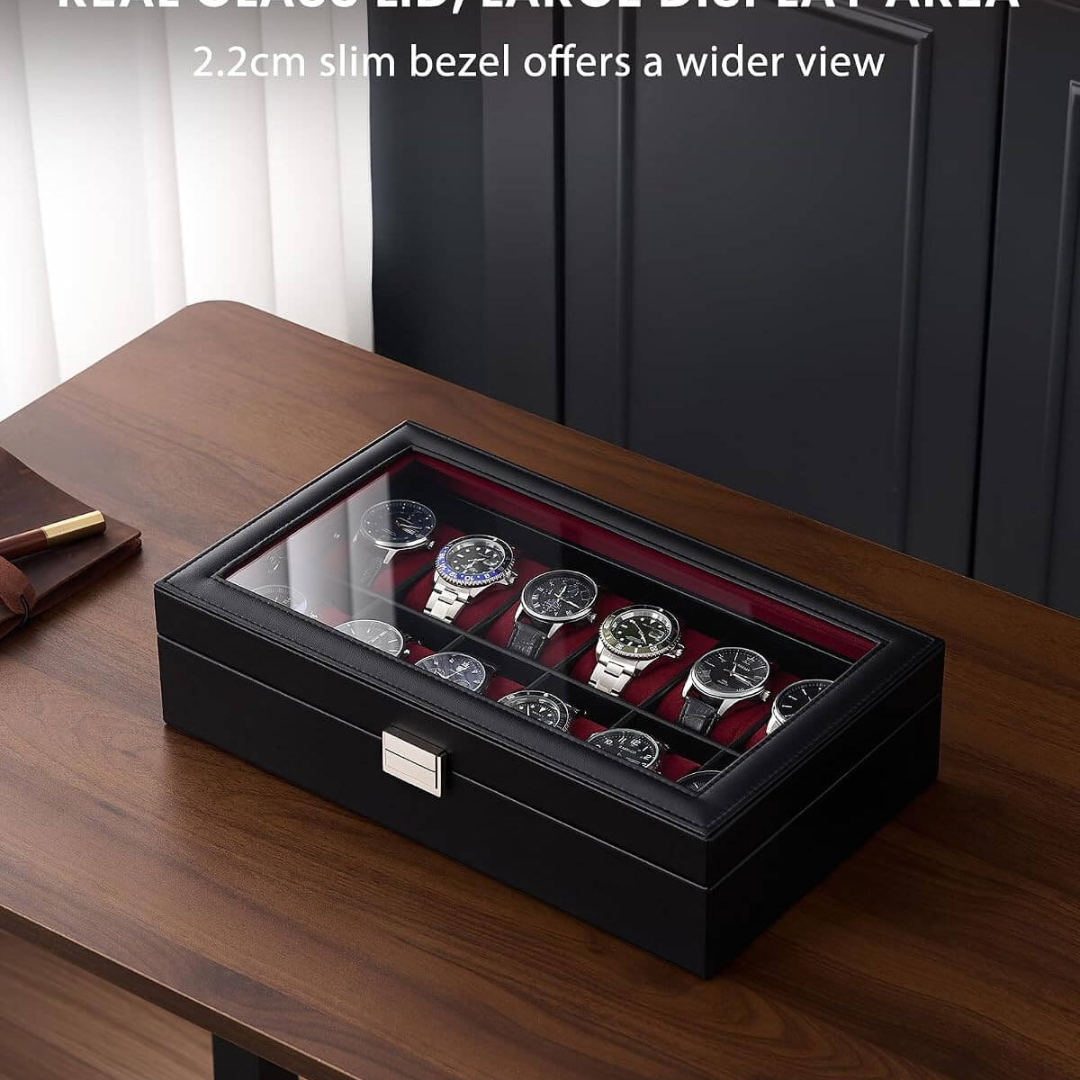 ProCase winered watch box with real glass lid, large display area, and slim 2.2cm bezel
