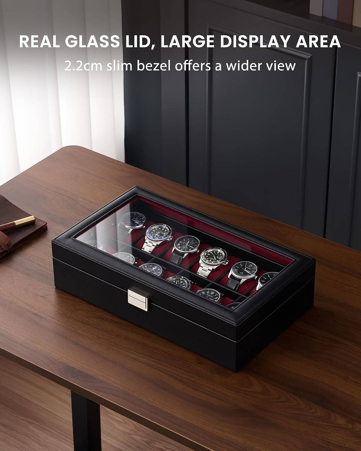 ProCase winered watch box with real glass lid, large display area, and slim 2.2cm bezel
