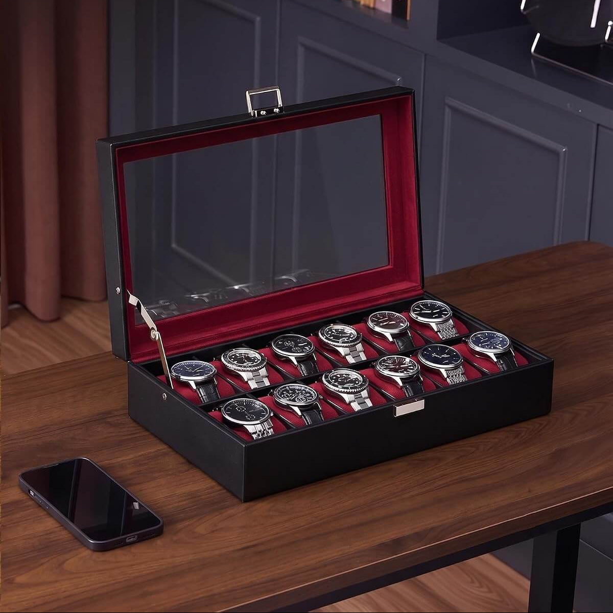 Winered watch box with glass lid, 12-watch capacity, and elegant display design
