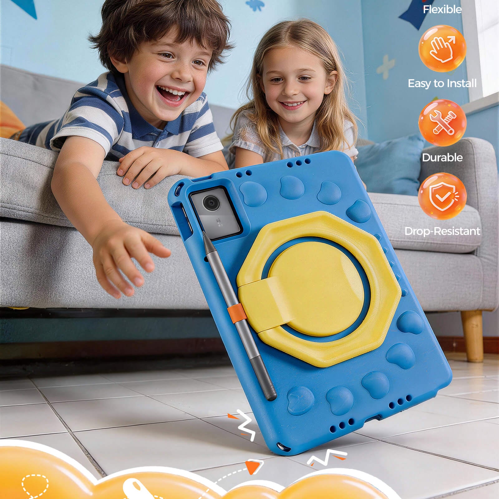 Two children playing with a blue and yellow tablet case on a floor.