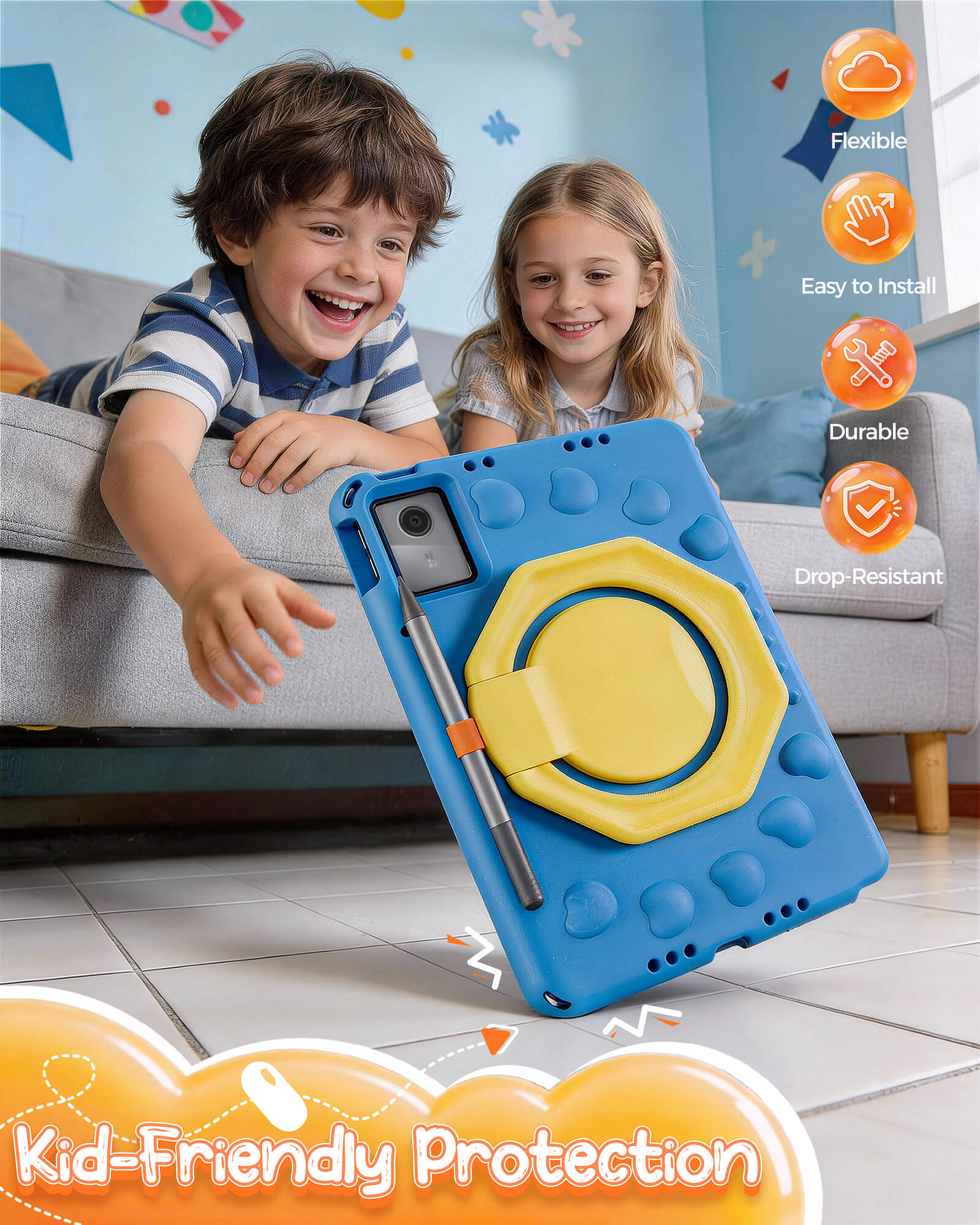 Two children playing with a blue and yellow tablet case on a floor.