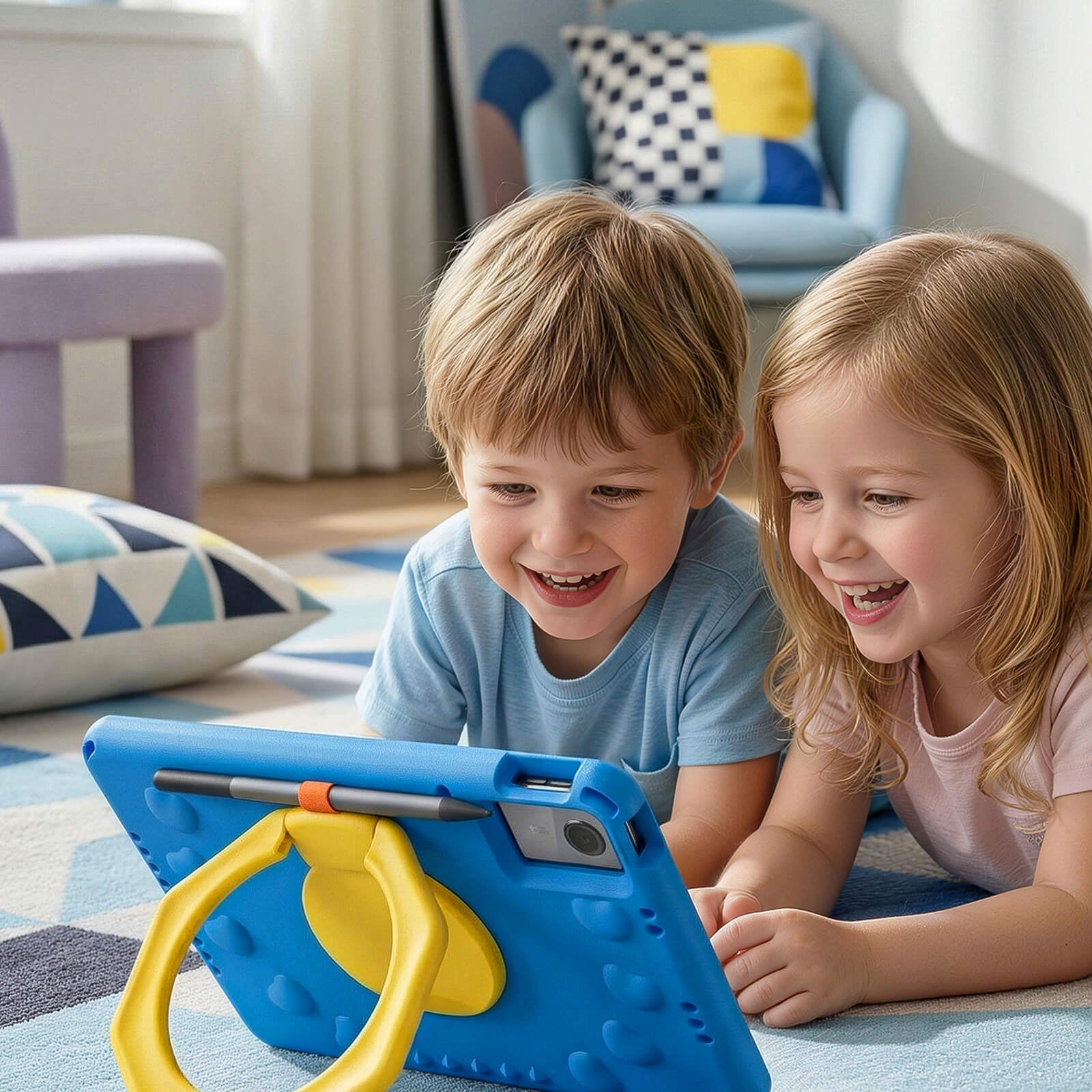 Two children playing with a tablet on a rug in a living room.