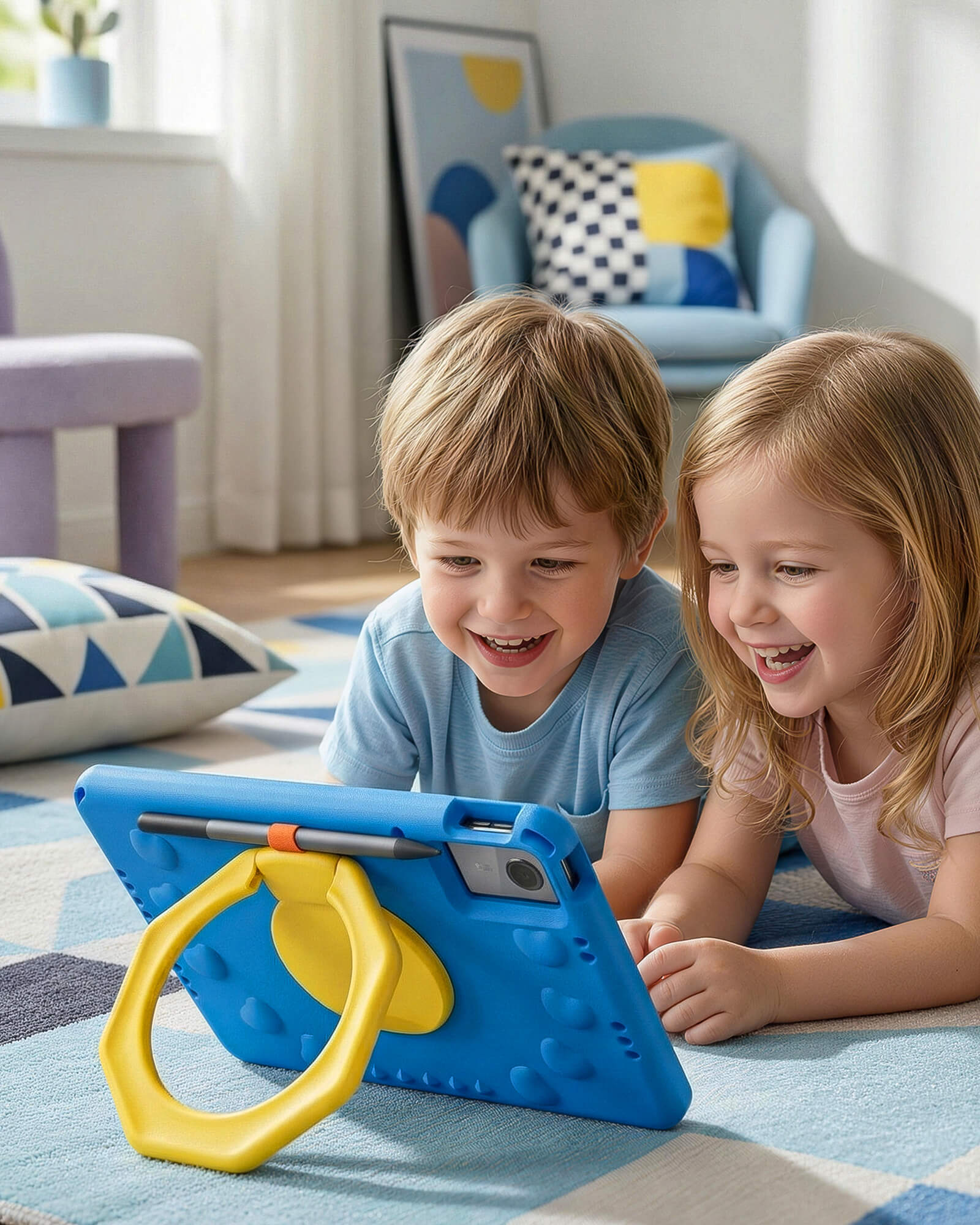 Two children playing with a tablet on a rug in a living room.