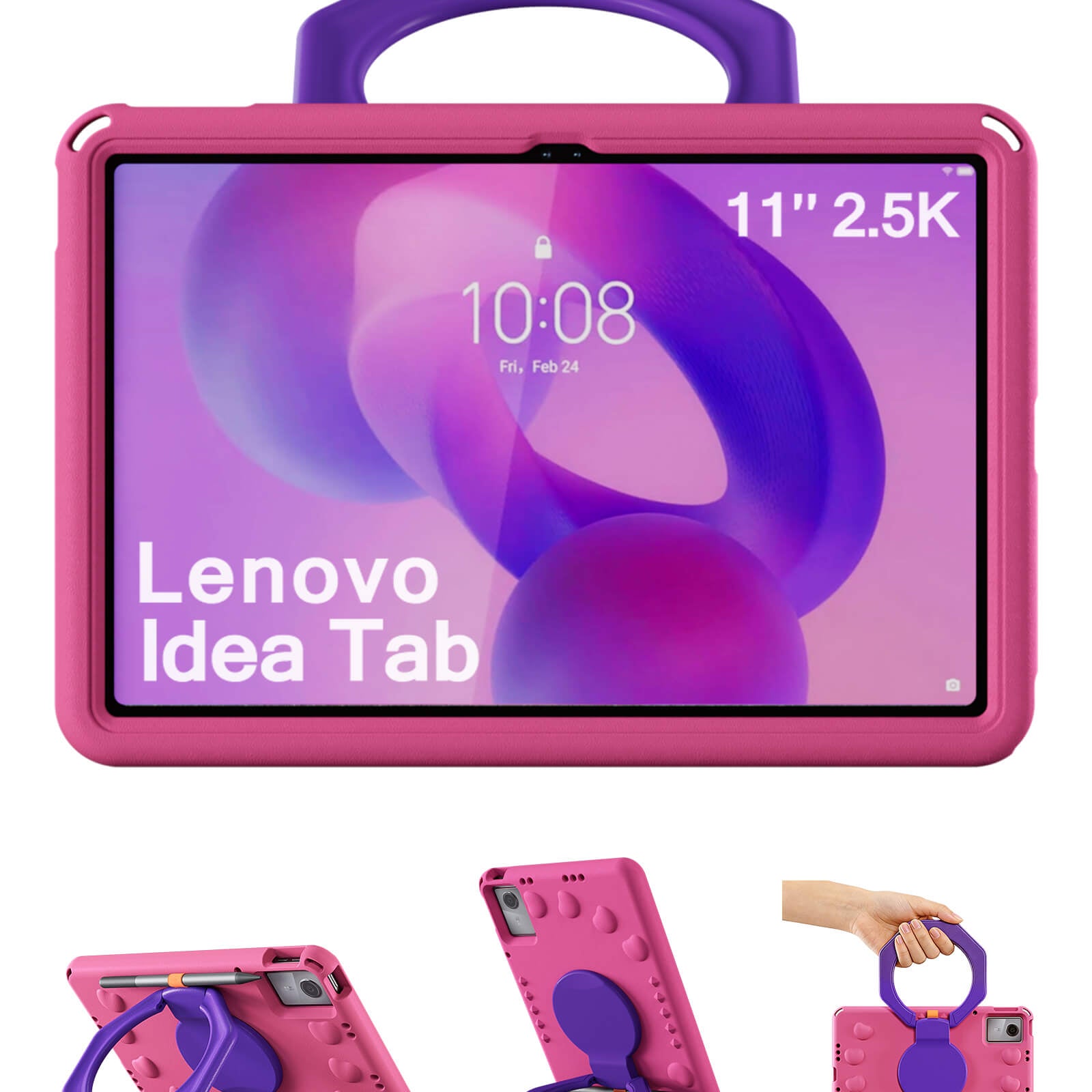 Shocproof Kids Case for Lenovo Idea Tab 11" 2025/K11 Gen 2, with 360° Rotating Handle, Pencil Holder, Pink