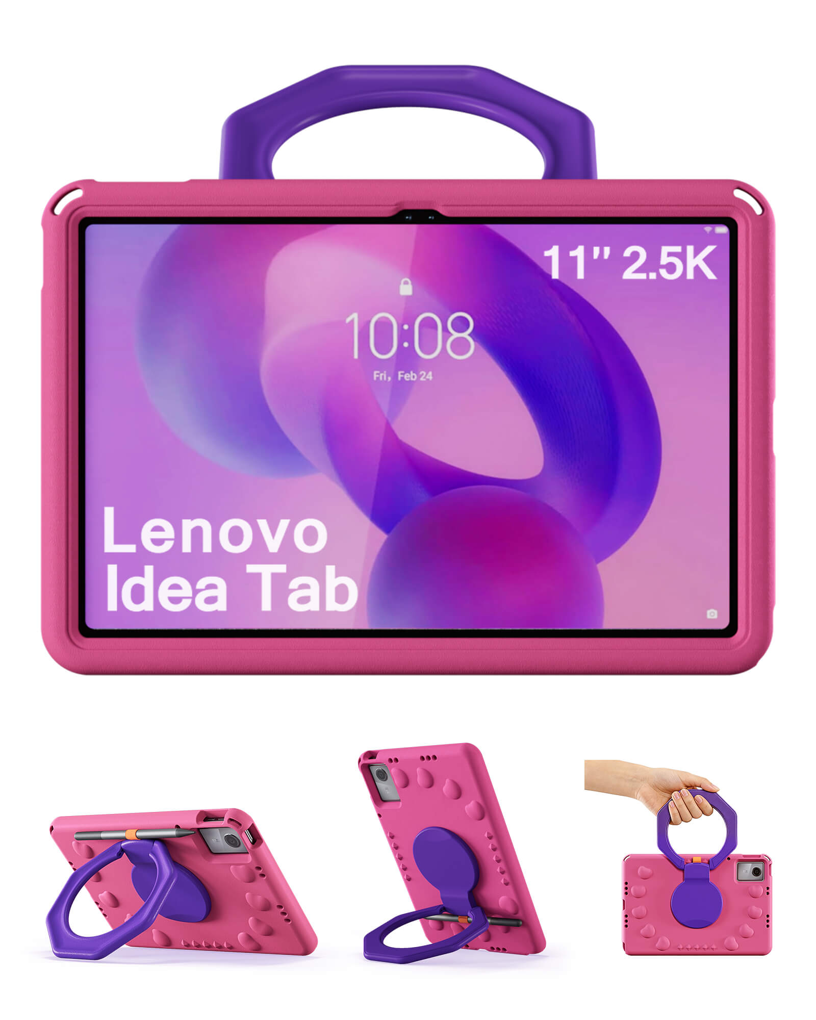 Shocproof Kids Case for Lenovo Idea Tab 11" 2025/K11 Gen 2, with 360° Rotating Handle, Pencil Holder, Pink