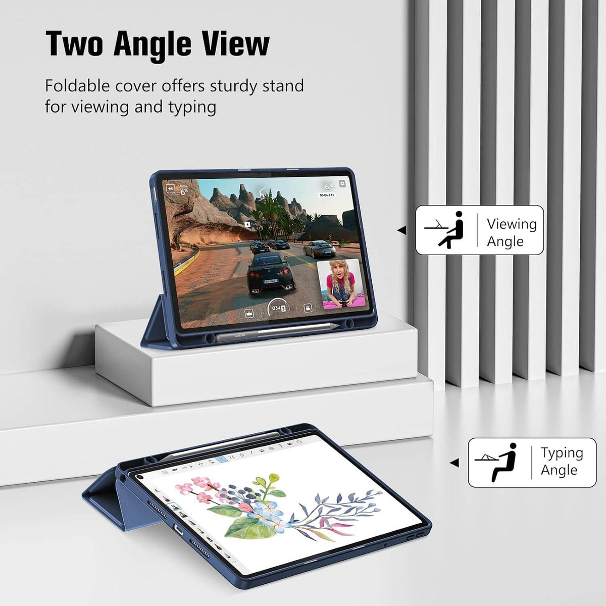ProCase Full-Edge Case for Lenovo Idea Tab 11 2025 & Tab K11 Gen 2 & Motorola Moto Pad 2026 shown in two angles on a white display stand. The top view shows the tablet propped up, and the bottom view shows it folded open as a stand.