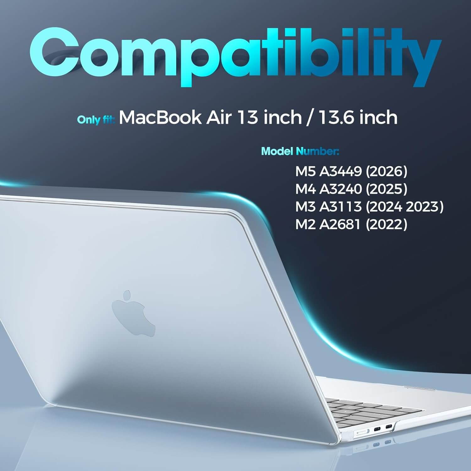 Laptop with compatibility information for MacBook Air models on a dark background