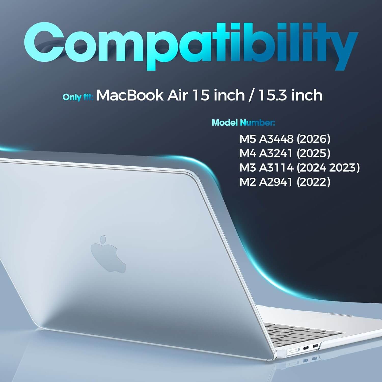 Laptop with compatibility information for MacBook Air 15" models on a dark background