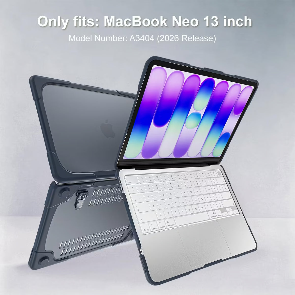 A dark gray protective case for a 13-inch MacBook with a detached keyboard and a tablet inserted, shown alongside the back view of the case. The text at the top reads 'Only fits: MacBook Neo 13 inch Model Number: A3404 (2026 Release)'.