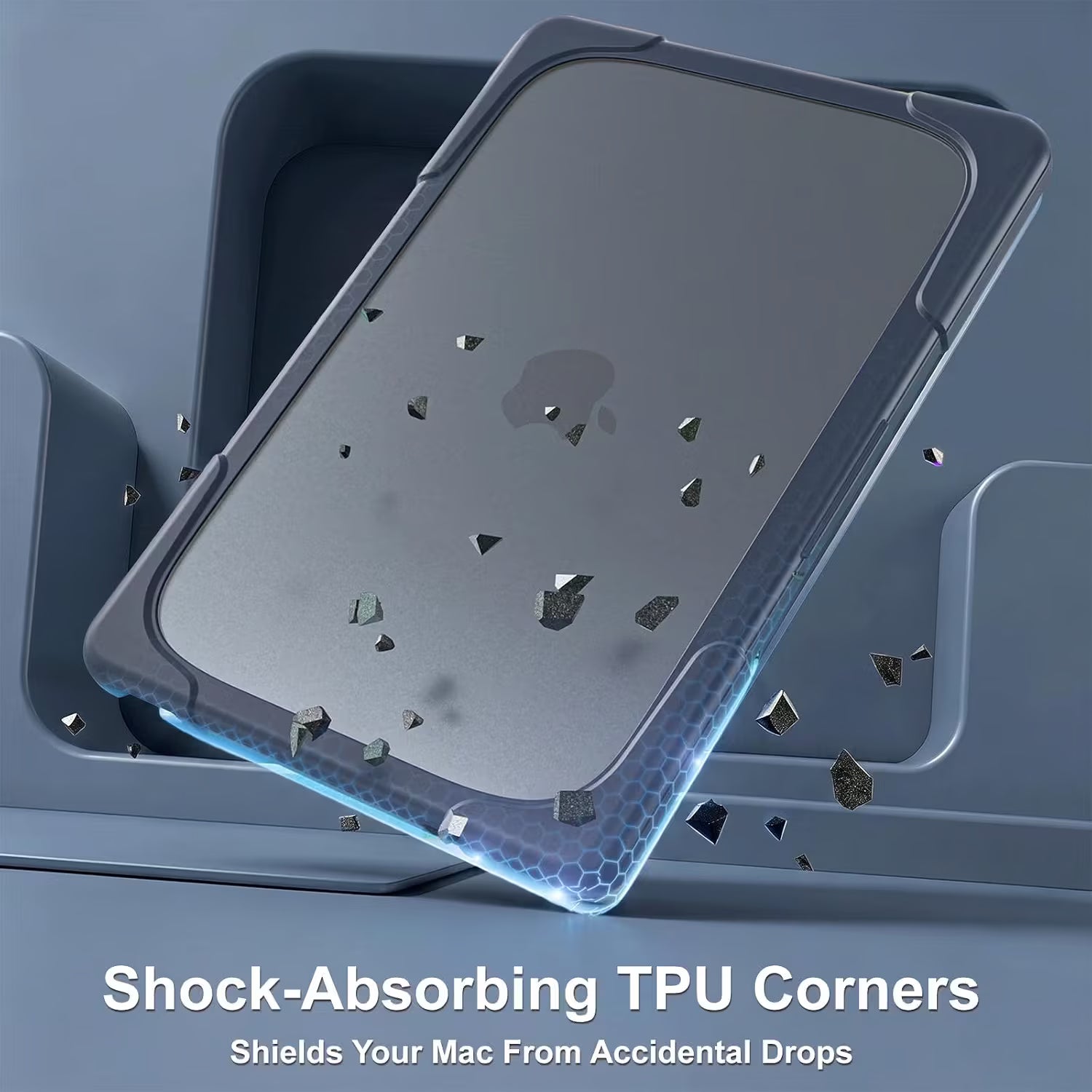 MacBook Neo 13" (2026) heavy duty hard shell Pprotective case with reinforced shock-absorbing TPU corners shown around a gray laptop, with text reading 'Shock-Absorbing TPU Corners' and 'Shields Your Mac From Accidental Drops.'.