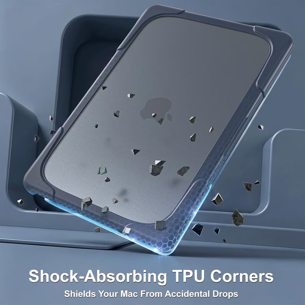 MacBook Neo 13" (2026) heavy duty hard shell Pprotective case with reinforced shock-absorbing TPU corners shown around a gray laptop, with text reading 'Shock-Absorbing TPU Corners' and 'Shields Your Mac From Accidental Drops.'.