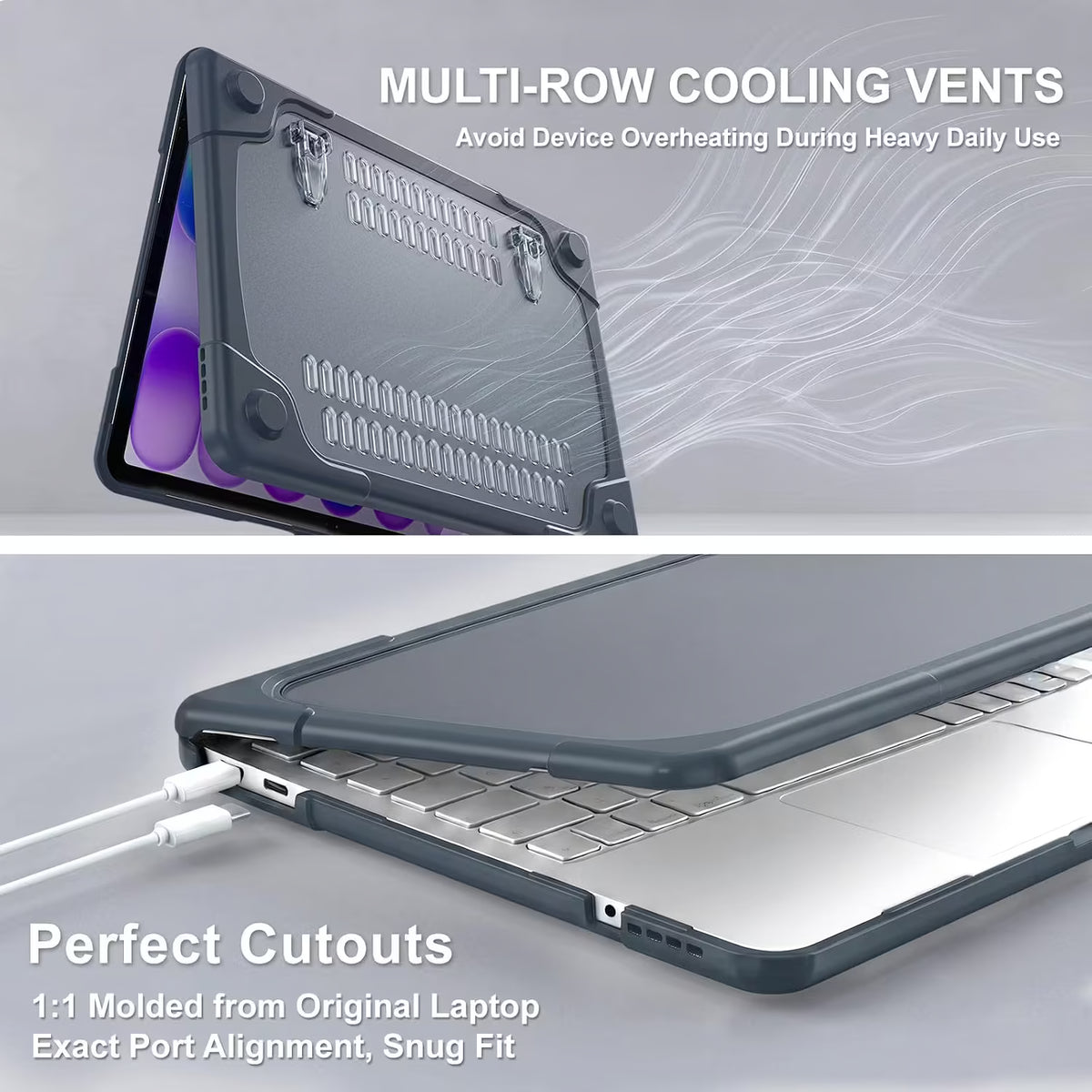 A dark gray protective macbook case shown from multiple angles with promotional text. The top panel shows the back of the case with cooling vent holes and a tablet inserted, with text reading 'MULTI-ROW COOLING VENTS' and 'Avoid Device Overheating During Heavy Daily Use.