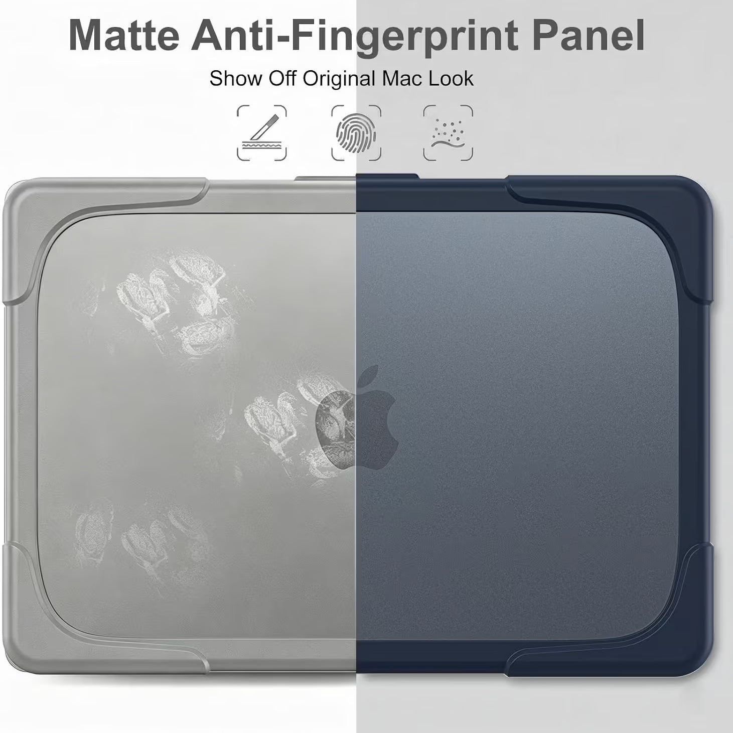 Matte anti-fingerprint panel case shown on a macbook, split down the middle to demonstrate a fingerprint-marked side and a clean, matte dark side. Text at the top reads 'Matte Anti-Fingerprint Panel' and 'Show Off Original Mac Look'.